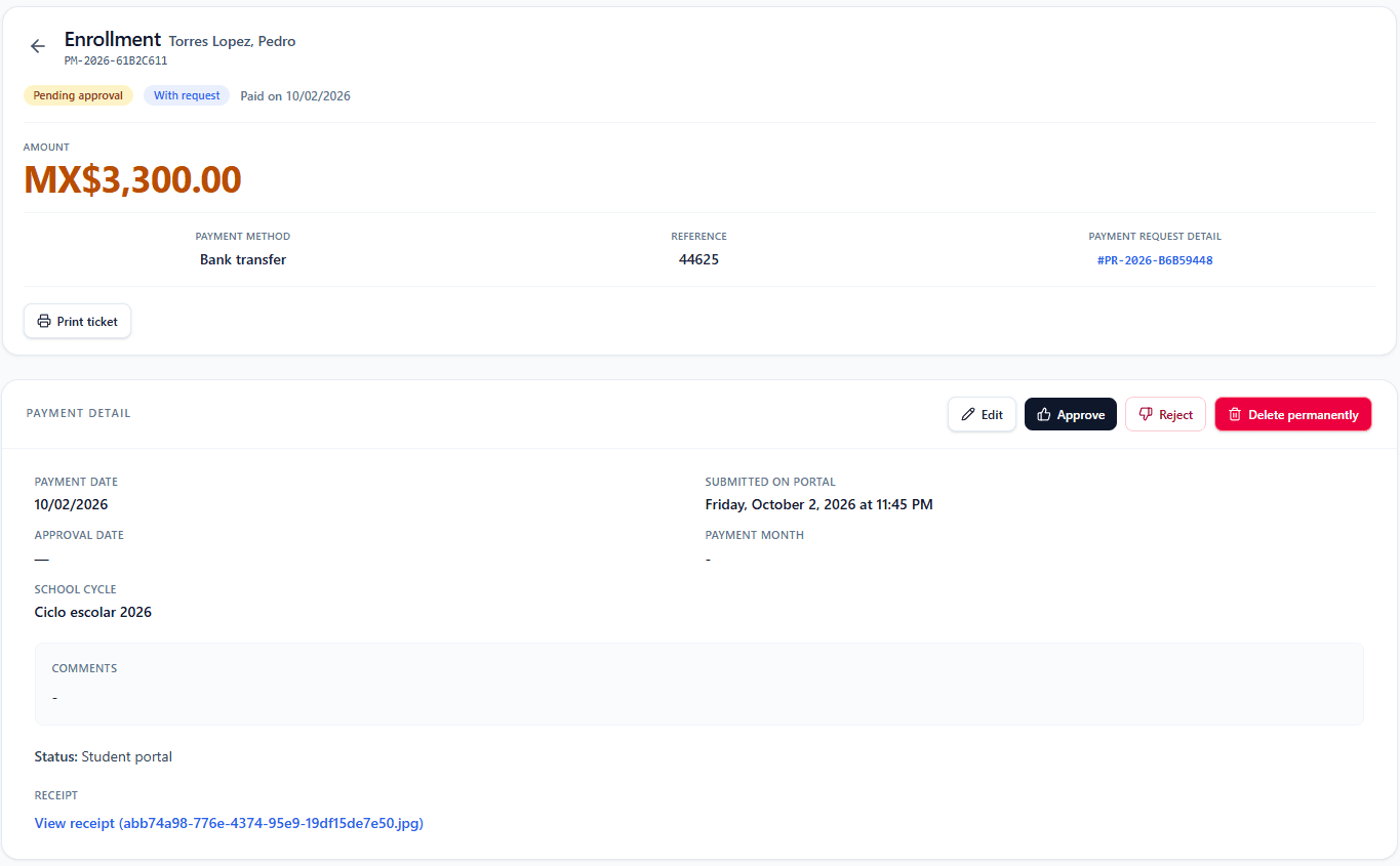 EduPilot payment detail with receipt and review actions.