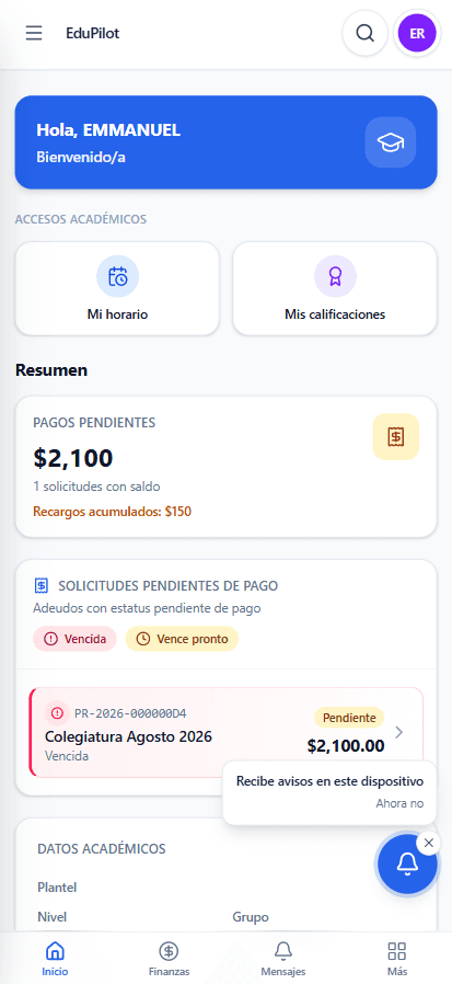 Aplicación móvil de EduPilot. Portal para Padres.